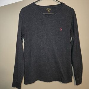 Polo Ralph Lauren Men's Gray V-neck Casual Longsleeve Size Small Maroon Logo